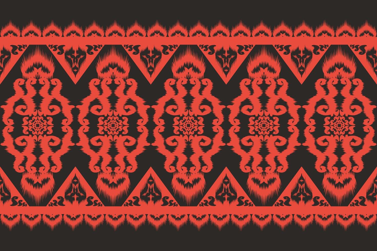 Native Asian style ikat fabric design decorates rugs, pillows and interiors, black background. vector