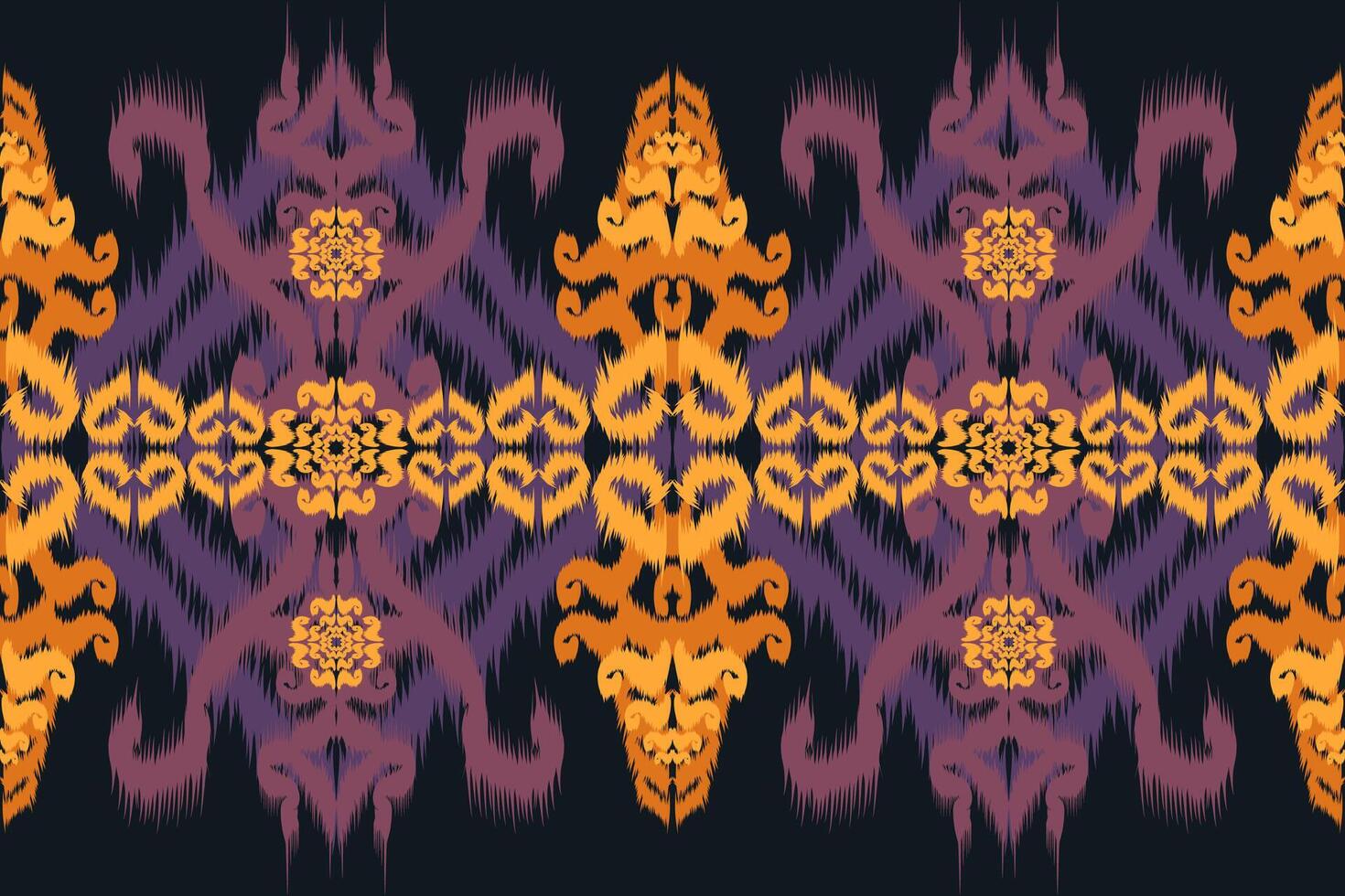 Native Asian style ikat fabric design decorates rugs, pillows and interiors, black background. vector