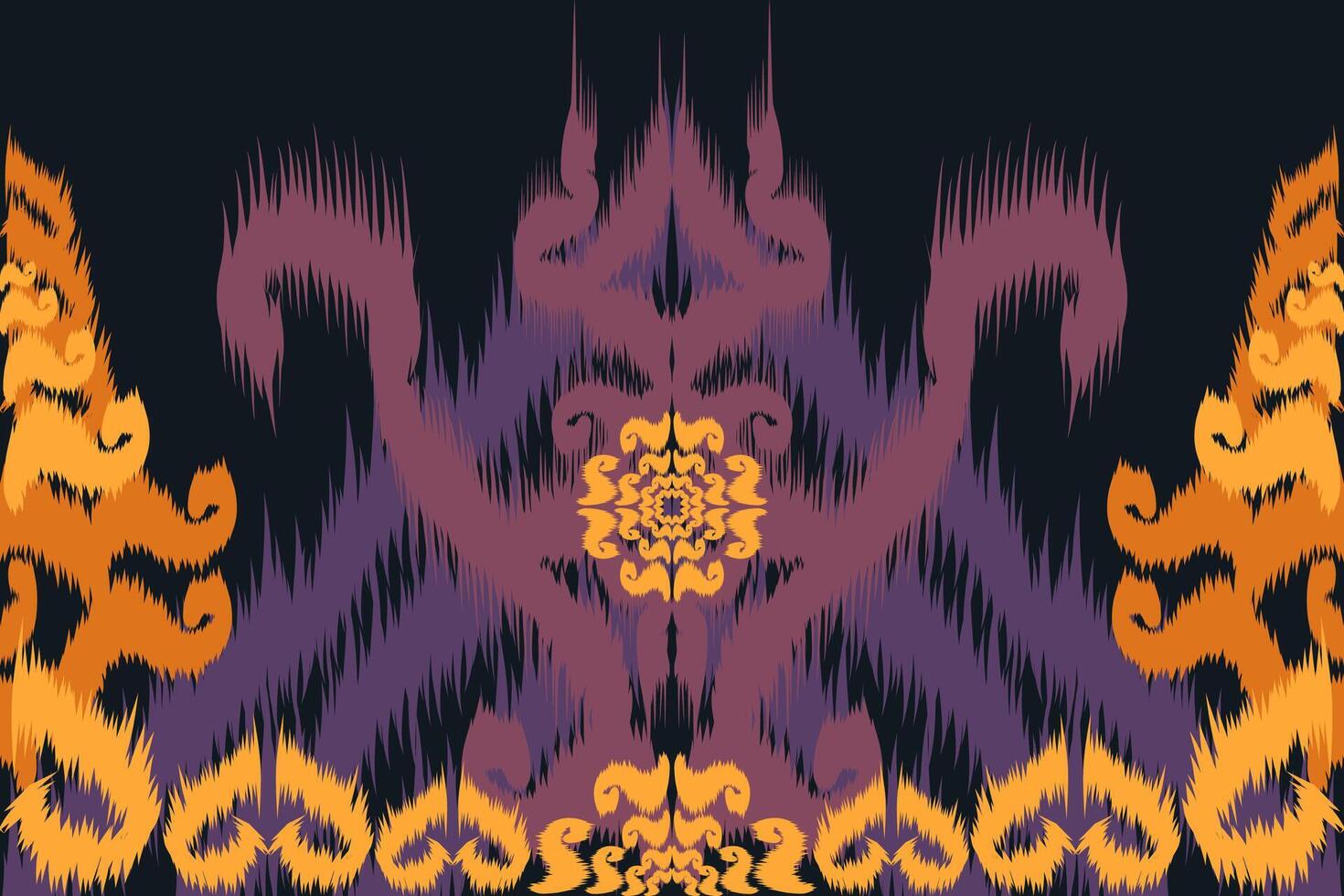 Native Asian style ikat fabric design decorates rugs, pillows and interiors, black background. vector