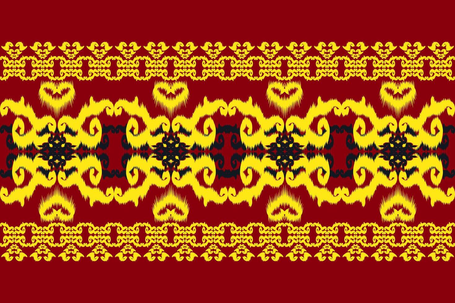 Native Asian style ikat fabric designs decorate rugs, pillows and interiors with a red background. vector