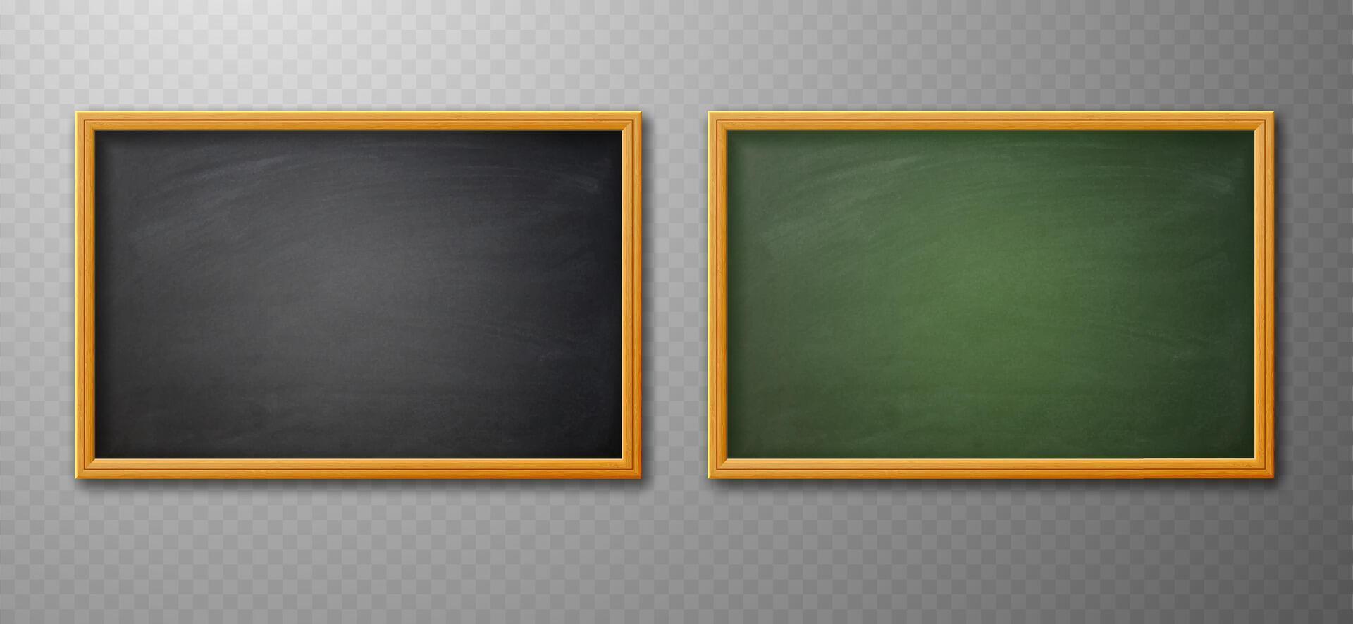 Collection of two realistic school boards with wooden frame. vector