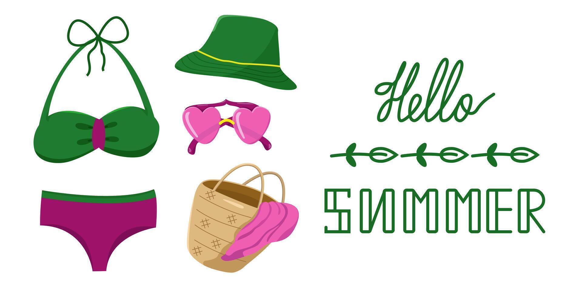 set of summer clothes and accessories for the beach. Summer beach fashion. Holidays. vector