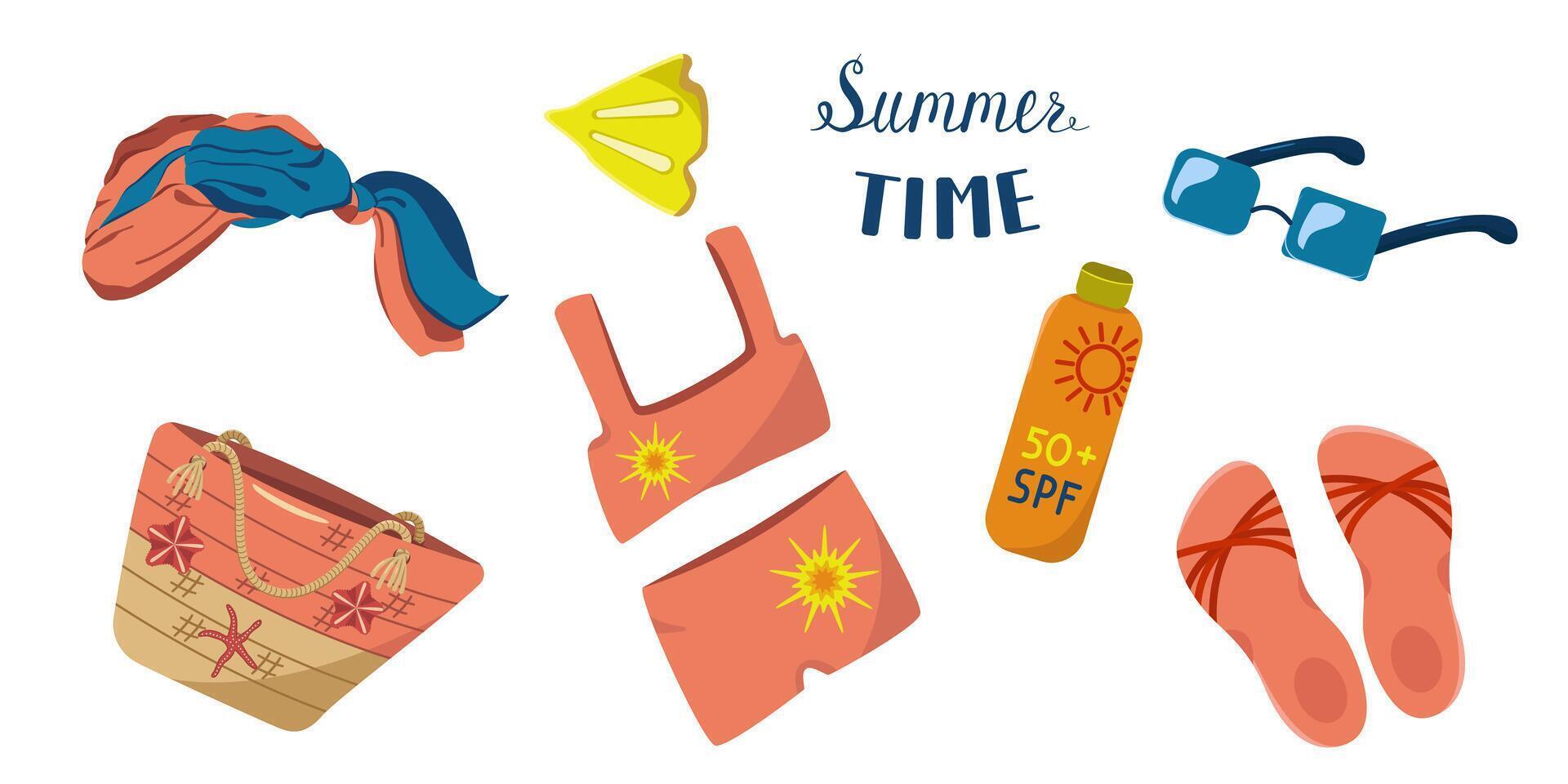 set of clothes and accessories for the beach. Summer beach fashion. Summer holiday concept on the beach. vector
