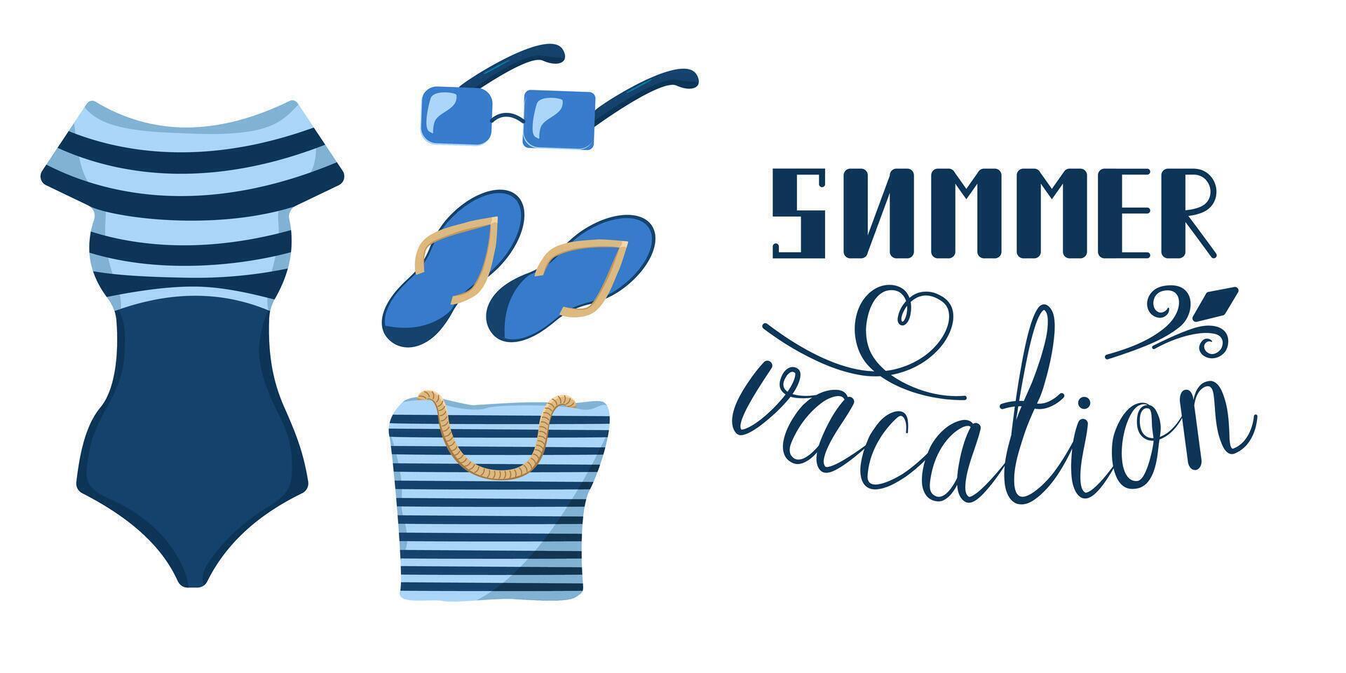 set of summer clothes and accessories in nautical style. Summer holidays. Color illustration of a swimsuit, bag and sunglasses. Summer beach fashion. vector