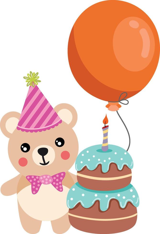 Cute teddy bear with balloon and happy birthday cake vector