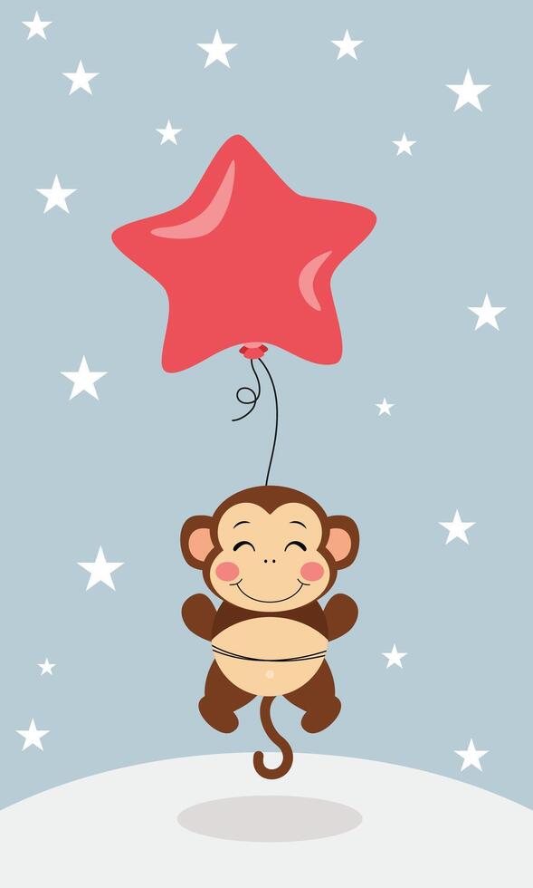 Funny illustration of a cute monkey flying with a star-shaped balloon vector