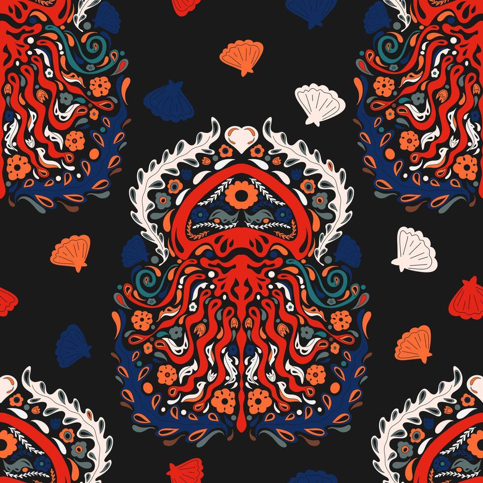 a pattern with an octopus and shells on a black background vector