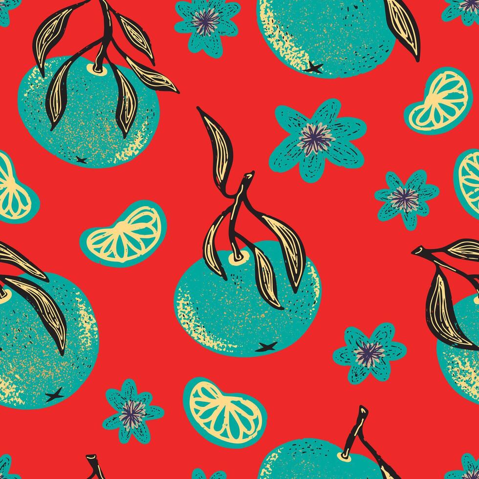 a pattern with oranges and leaves on a red background vector