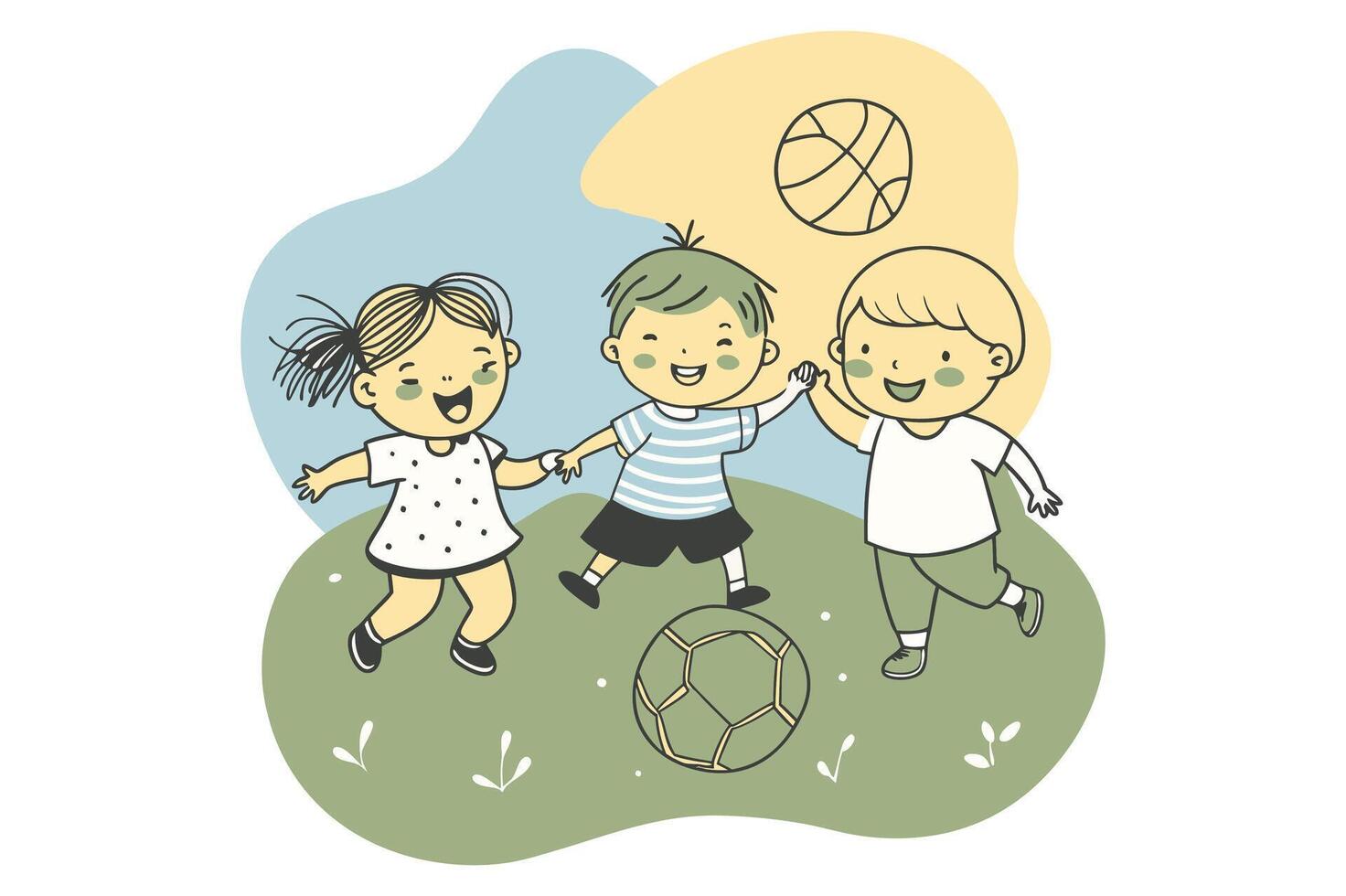 Children play football, happy girls and boys playing soccer on the lawn, at the stadium, on the city site vector