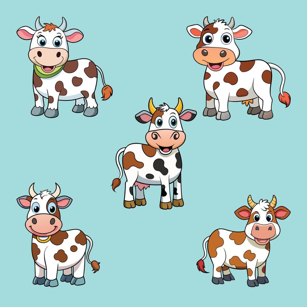 Set of three various cute Cows. Black and white colors. Hand drawn colored trendy illustrations. Funny characters. Cartoon style. Isolated on blue background vector