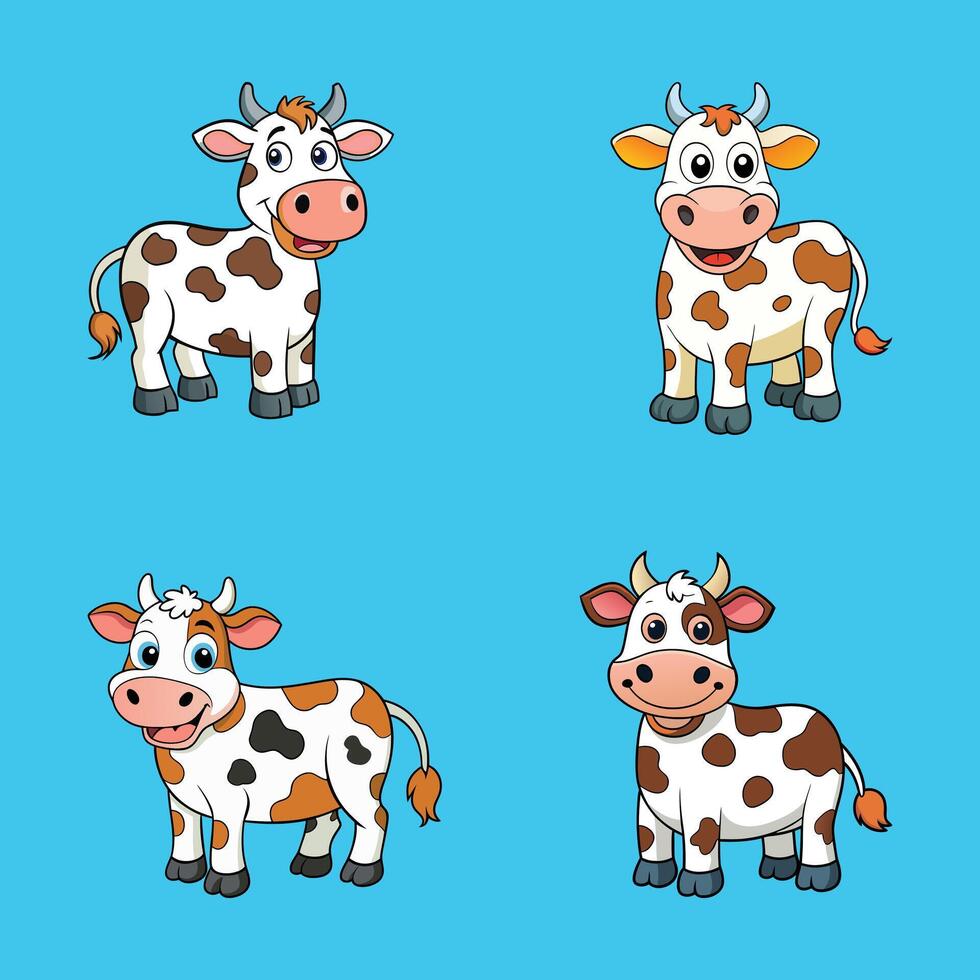 Set of three various cute Cows. Black and white colors. Hand drawn colored trendy illustrations. Funny characters. Cartoon style. Isolated on blue background vector