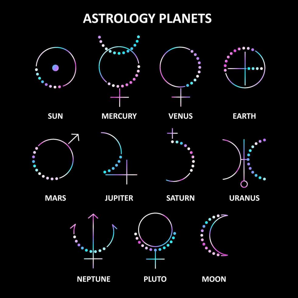 Set of holographic planet icons. Astrology, horoscope. Holographic effect. Holographic gradient. vector
