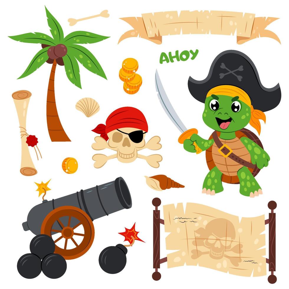 Green sea turtle in a pirate costume. Cartoon turtle with different pirate items on a white background. Pirate in flat style. Set of cartoon pirate elements for kids. vector