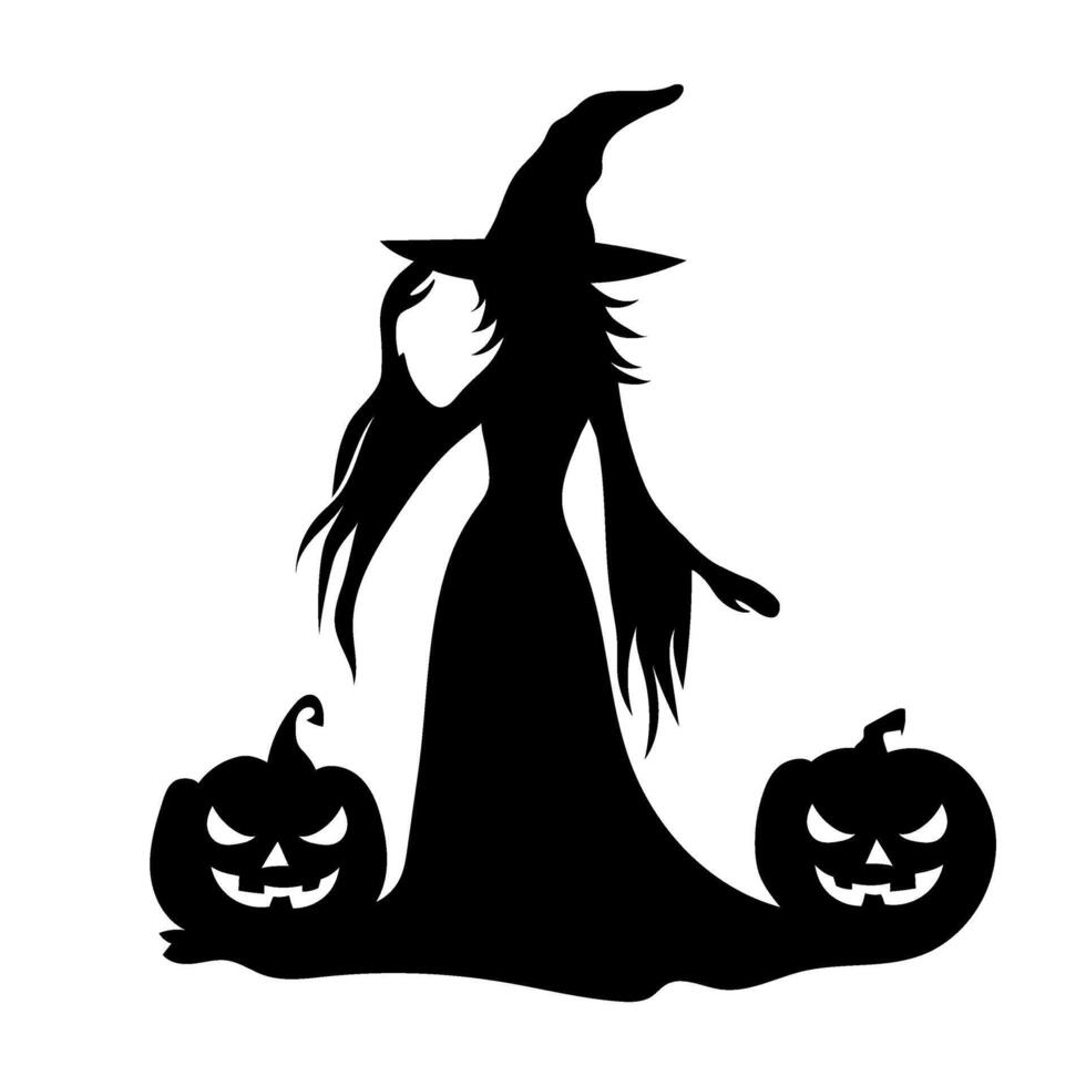 Black silhouette of a witch with scary pumpkins. Halloween witch. Holiday decor. Black and white evil witch. Fairytale character. vector