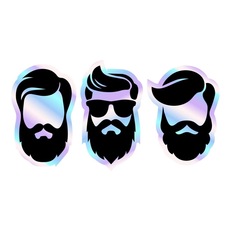 Set of holographic icons of stylish men. Salon. Style. Beauty, hairdresser. Set of holographic sticker. vector