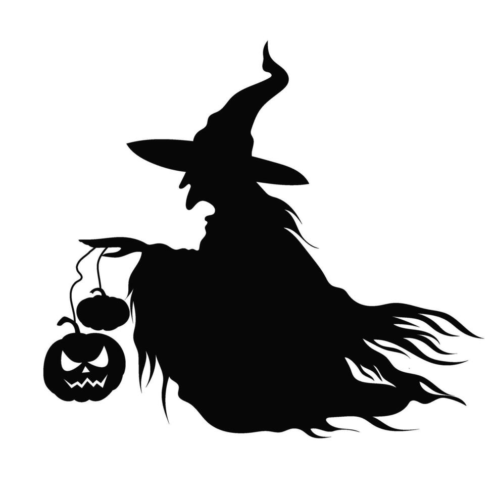 Silhouette of an old witch in rags with pumpkins. Halloween. Holiday decor. Black and white evil witch. Fairytale character. vector