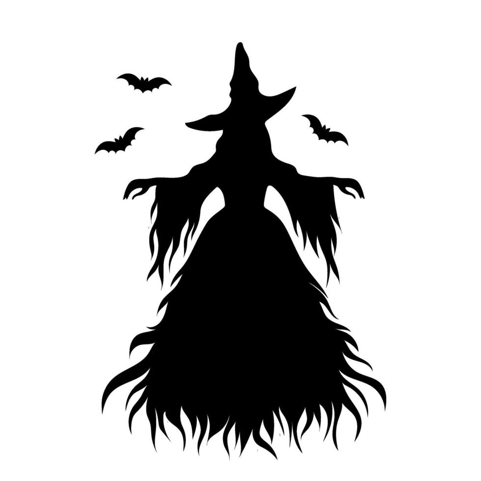 Black and white silhouette of an old witch with bats. Halloween. Holiday decor. Black and white evil witch. Fairytale character. vector