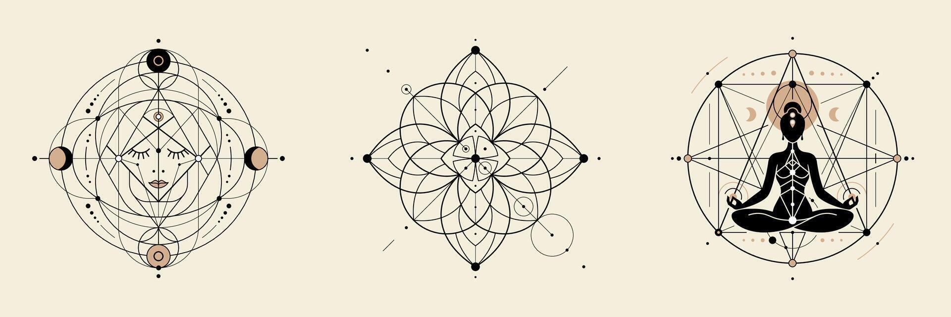 Set sacred geometry logo. Black line art with thin line on light isolated background. Meditative Face, Floral, Meditating Figure vector