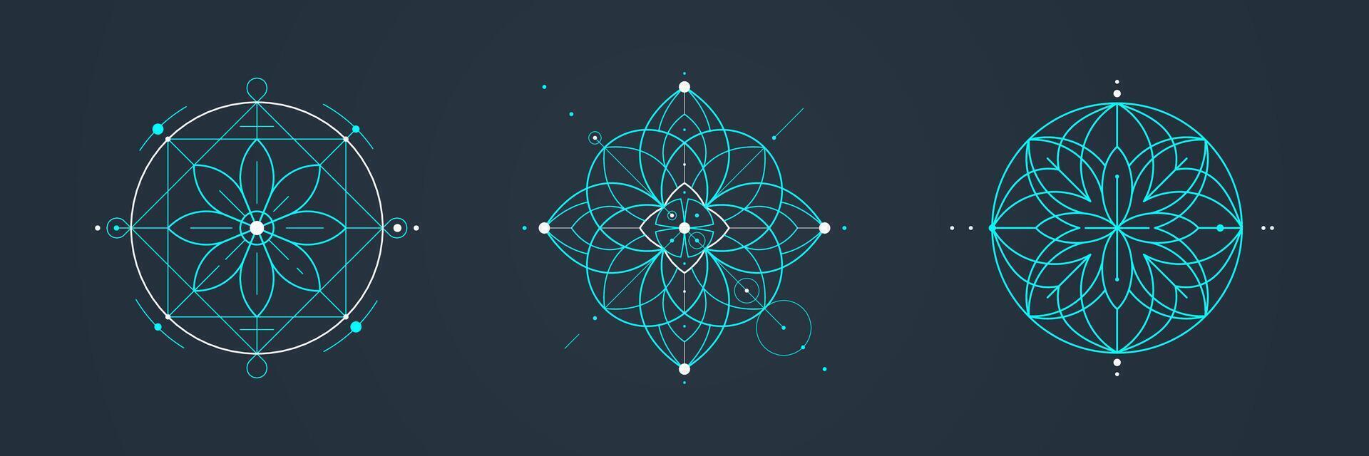 Set of sacred geometry designs with intricate floral motifs, cyan lines on isolated dark background. Unique Design with symmetrical patterns, geometric shapes, modern mystical aesthetic vector