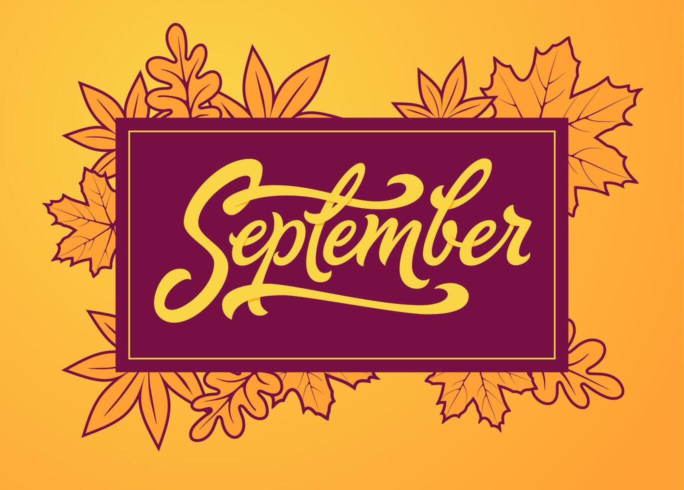 September brush lettering in rectangle frame. typography with autumn leaves. Brush lettering for banner, poster, greeting card. handwritten lettering. Autumn banner. vector