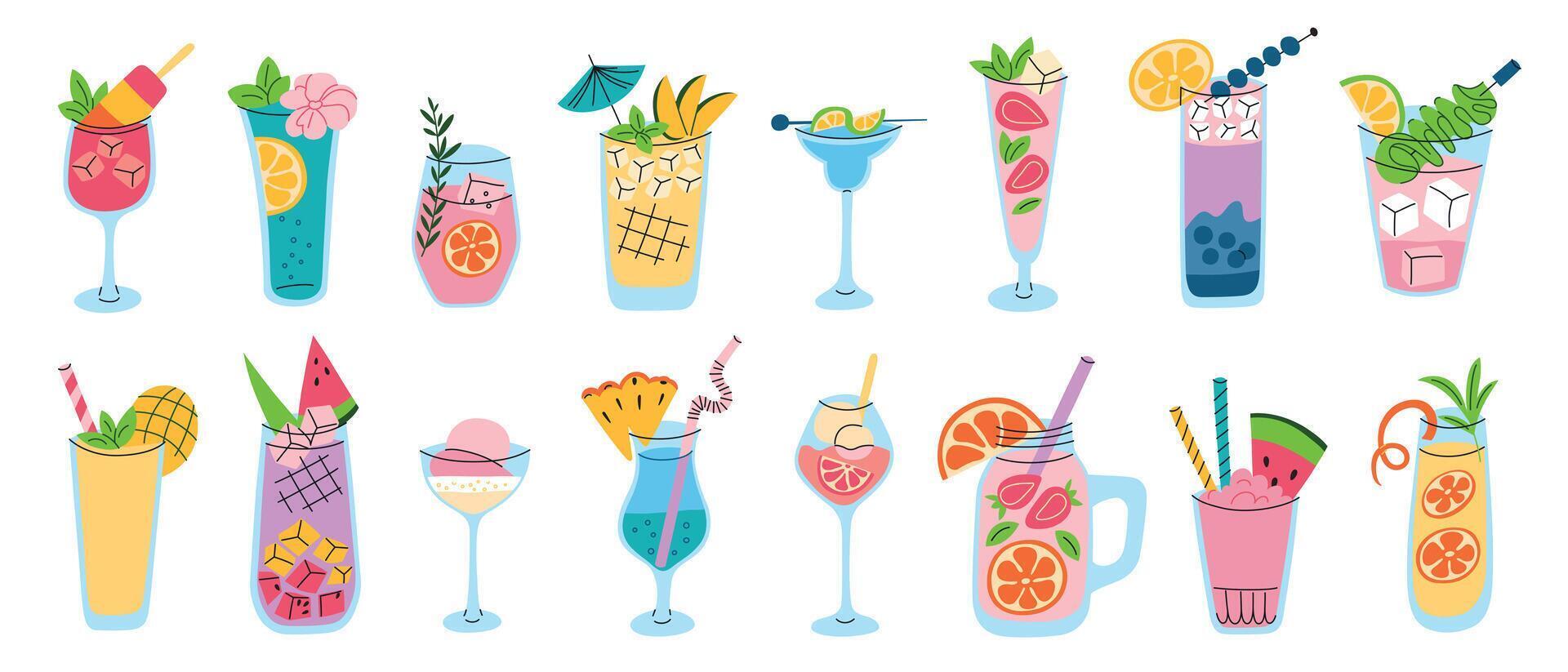 illustration set of lemonade, cocktails, mocktails with various flavors for parties, summer drinks with watermelon, strawberry, iced beverages with cucumber and mango. Cute colorful flat design vector