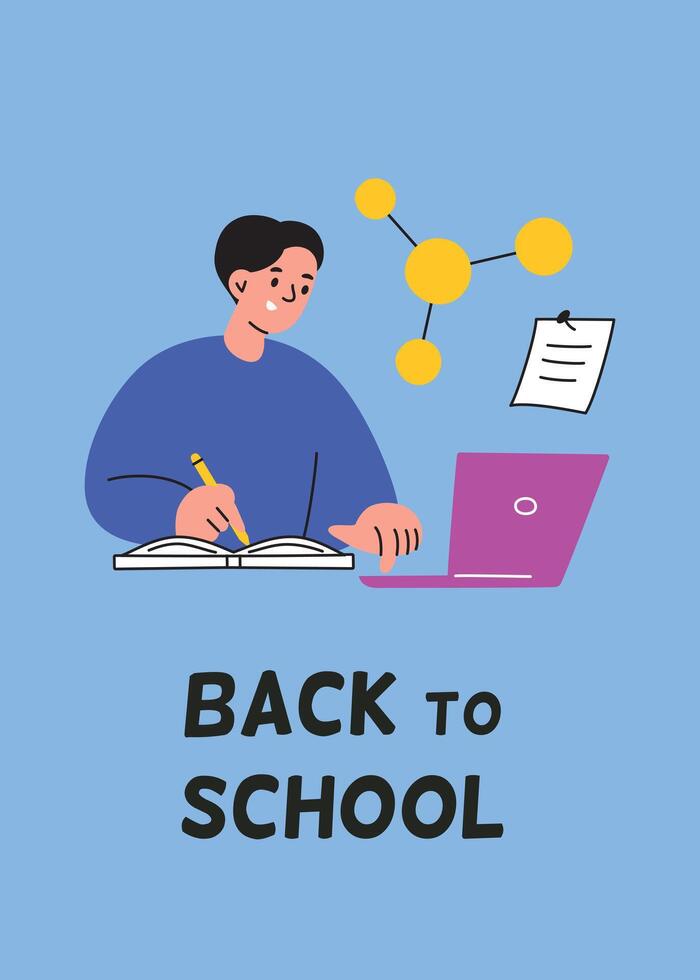 Back to school illustration with a student writing and using a laptop. Flat cartoon style template with colorful design. Perfect for education, learning. Classroom composition vector