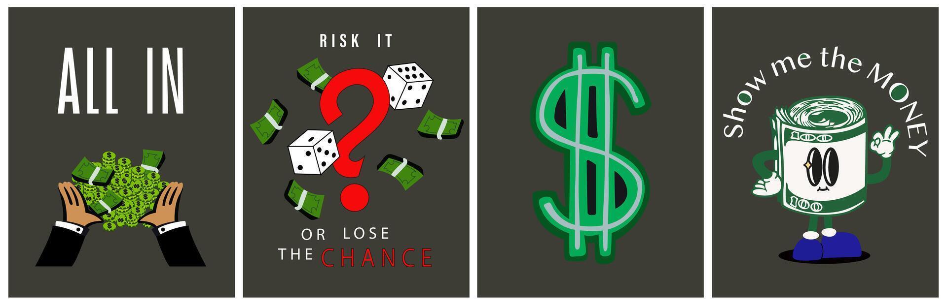 Gambling risk, win the guess game or predict the investment concept. Random or chance to win, risk management or analyze opportunity, prediction or forecast future. money, dollar, inscriptions vector