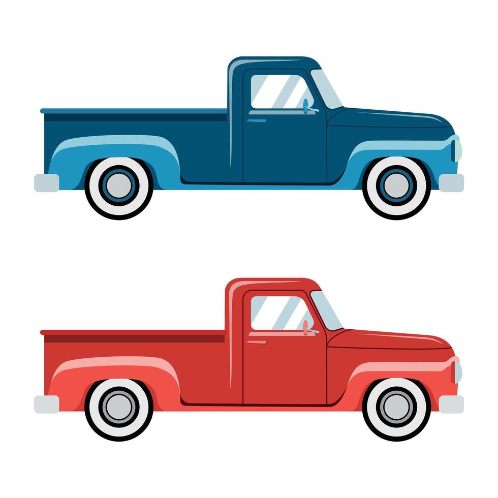 Set of vintage pickup trucks in blue and red colors. Cartoon flat illustration style. Isolated on white background vector