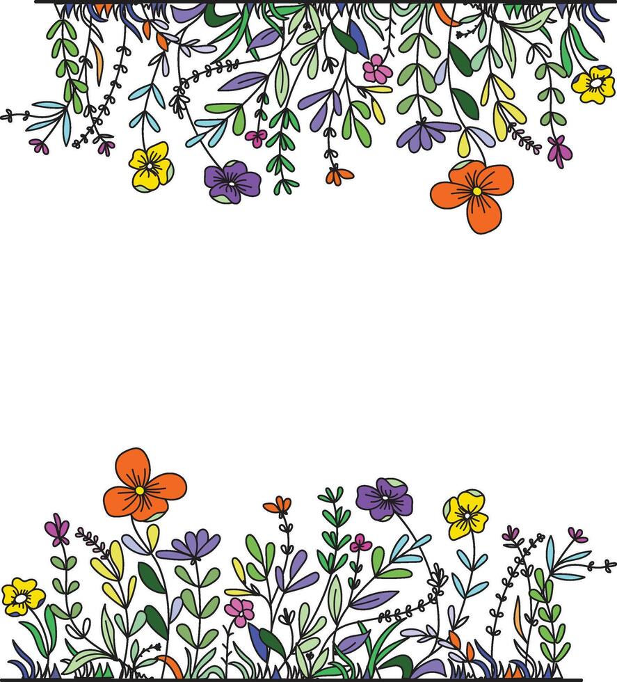 Border or frame made of wildflowers and herbs. Decorative frame for printing on fabric, ribbons and paper. vector