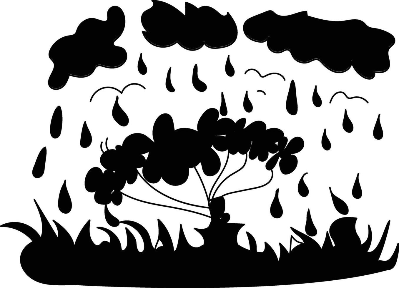 kids art a drawing of a tree, flowers, with the word rain on the sky vector