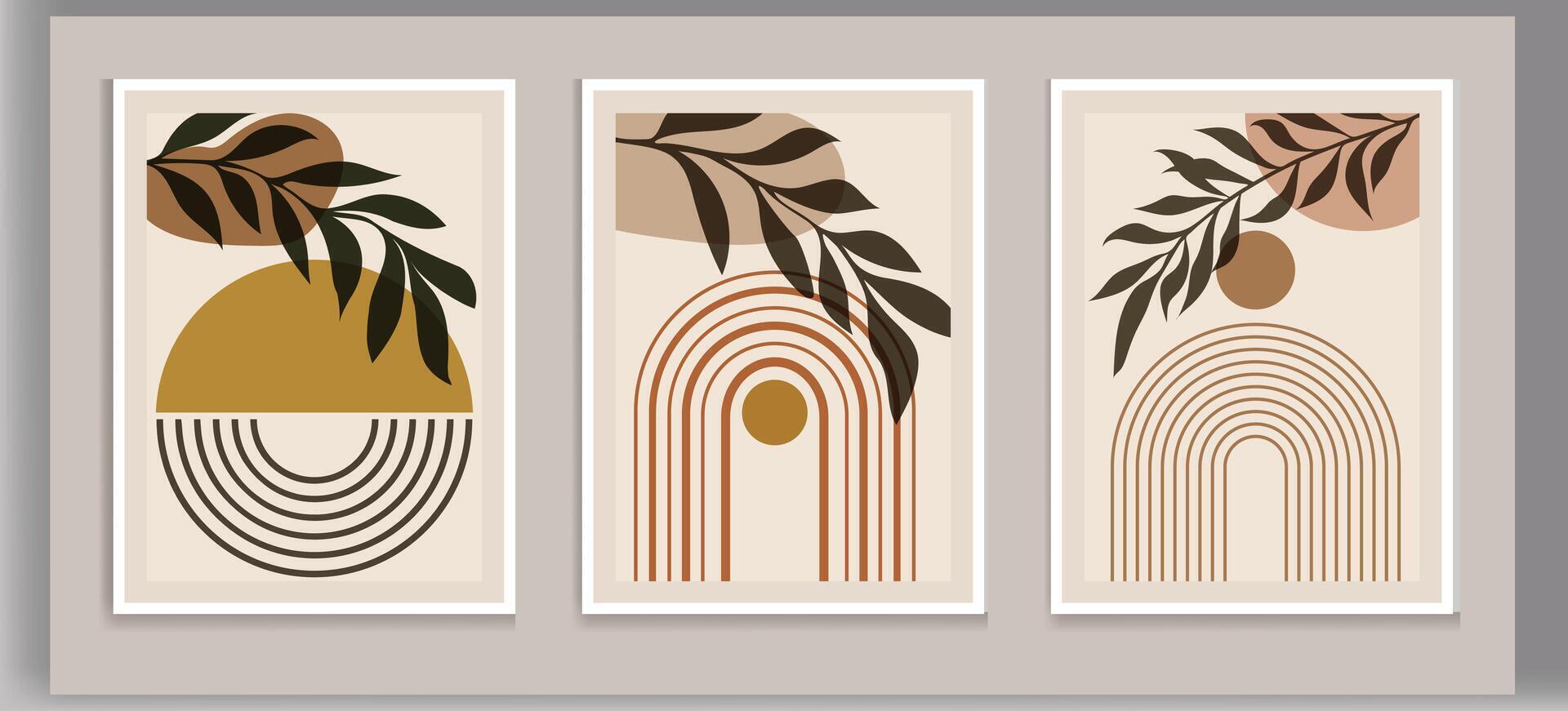 Wall art set. Foliage line art drawing with abstract shape. Abstract Plant Art design for print, cover, wallpaper, Minimal and natural wall art. vector