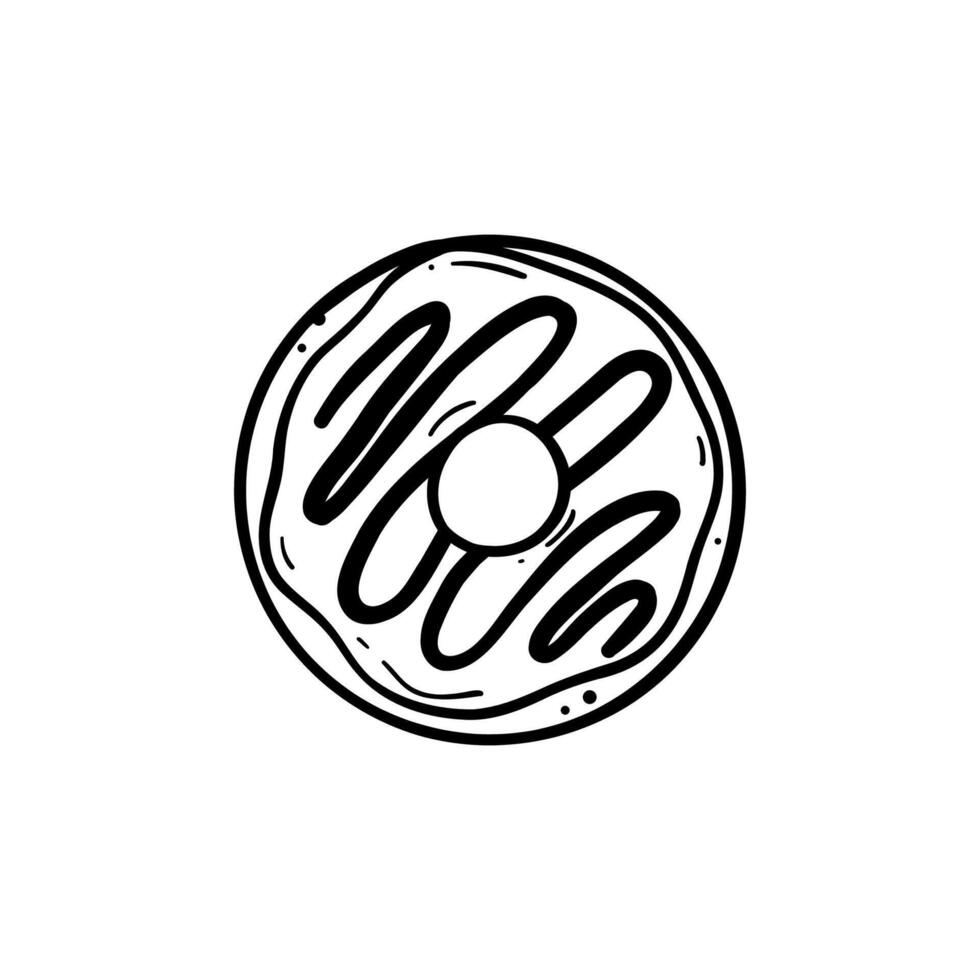 doughnut with glaze top view hand drawn doodle line art illustration black line on white background vector