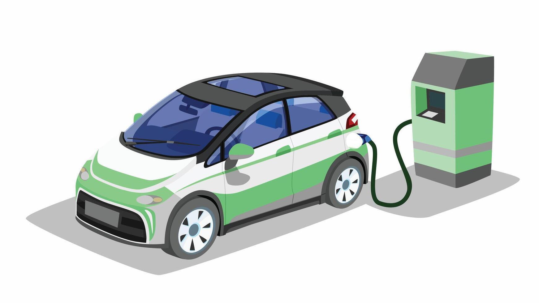or Illustrator of eco car. White mix green color of luxury can view interior of EV car. Shadow on isolated white screen. Electrical power distribution cabinet. refuel electrical energy to car. vector