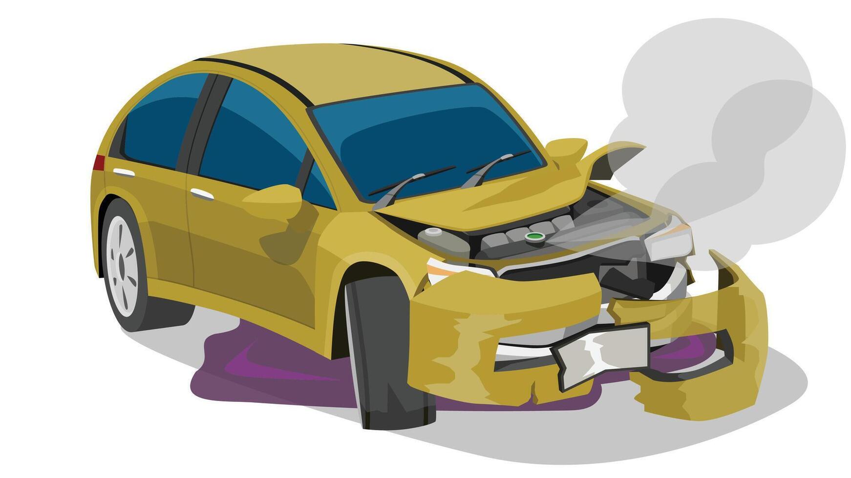 Yellow sedan car was severely damaged. The front bumper is broken. The front hood is bent. Steam smoke comes out of the boiler. With oil leak under of car. On isolated white background. vector