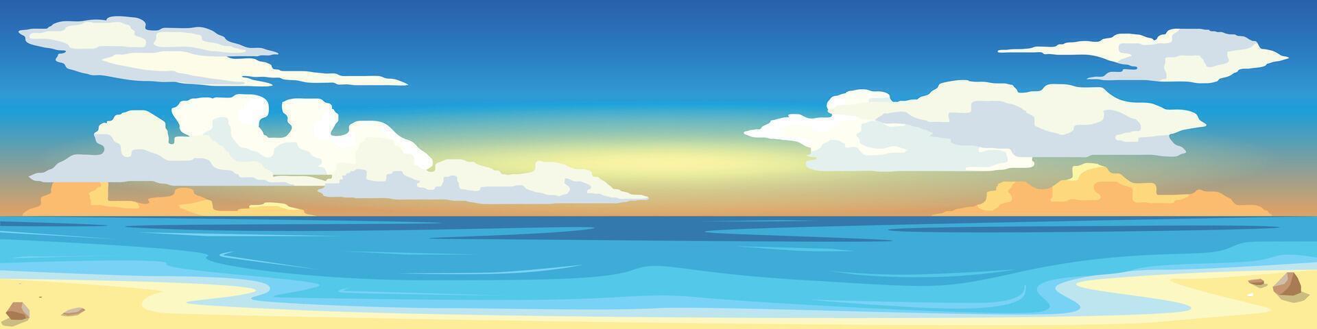 Horizontal or landscape view of sand beach. On sand with rock and mini shells. calm sea waves. Under eveing sky and warm colored clouds. vector