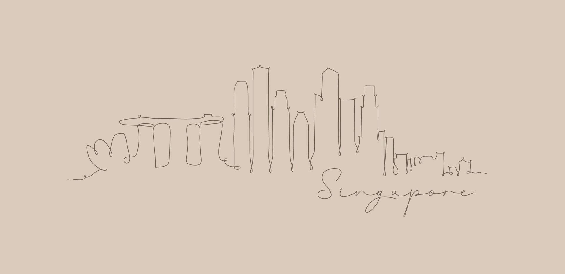 City silhouette singapore in pen line style drawing with brown lines on beige background vector