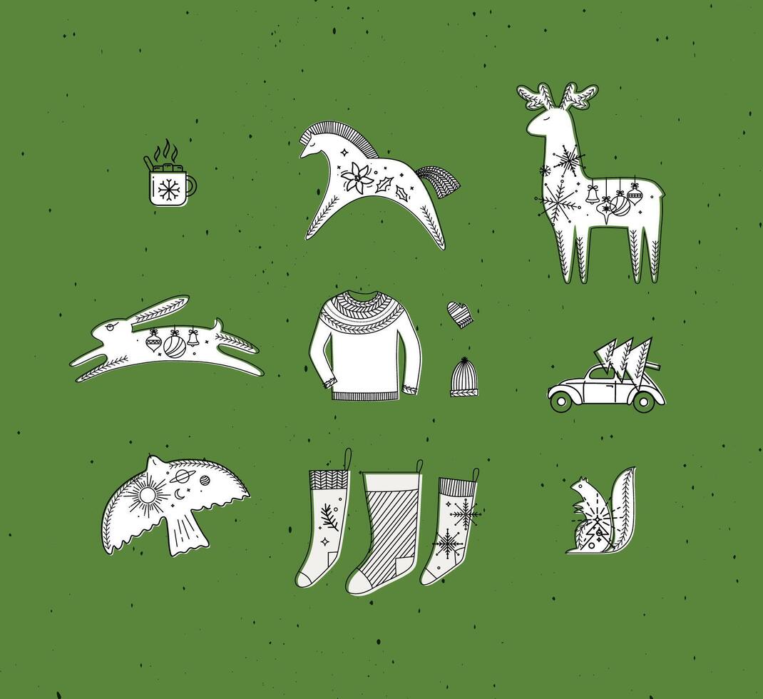 Merry christmas symbols cup, horse, deer, rabbit, hat, glove, pullover, car, tree, bird, squirrel, socks drawing in graphic style on green background vector