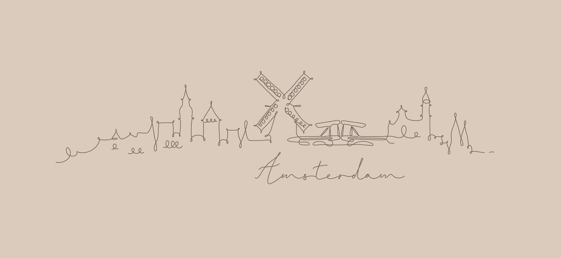 City silhouette amsterdam in pen line style drawing with brown lines on beige background vector