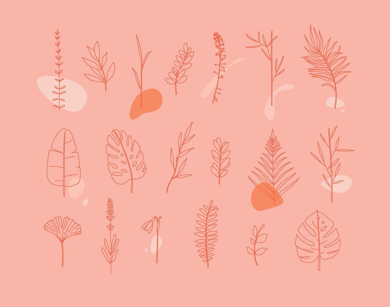 Set of different forms leaves in minimalism flat style on coral background vector