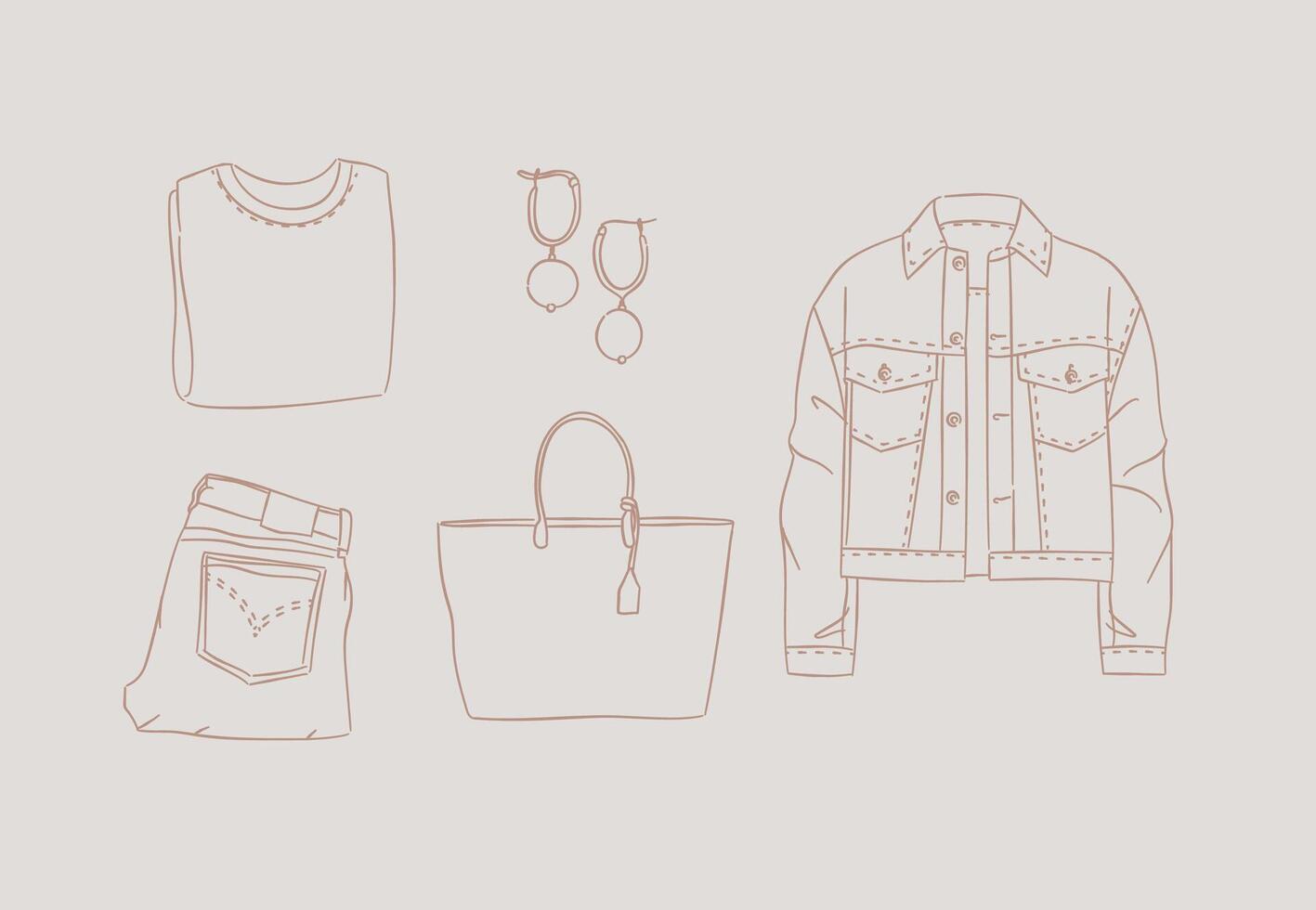 Set of clothes blouse, earrings, pants, jeans, bag, jacket for woman modern spring look in handdrawing style on beige background. vector