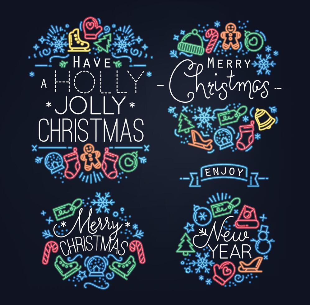 Christmas decorative elements for winter holidays in flat and neon style, drawing by color lines on black background vector