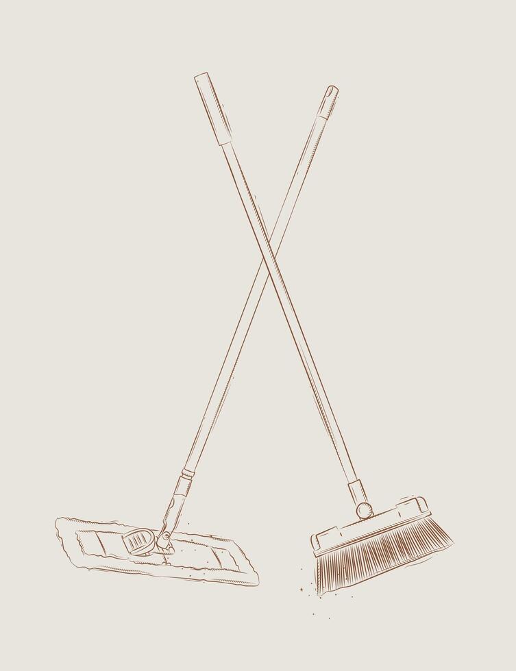 Flat mop and broom drawing in graphic style on beige background vector