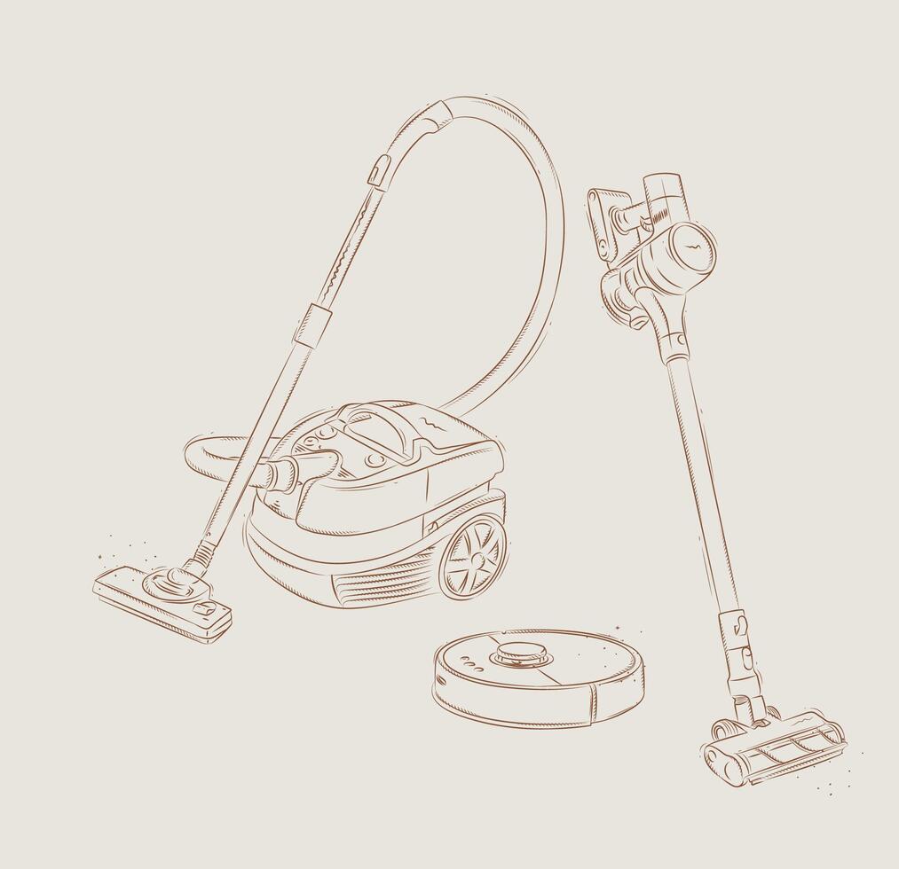 Vacuum cleaner types regular, cordless, robot drawing in graphic style on beige background vector
