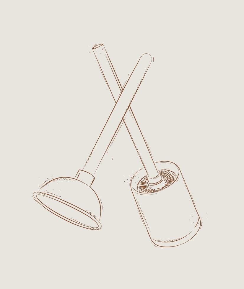 Cleaning tools toilet brush and plunger drawing in graphic style on beige background vector