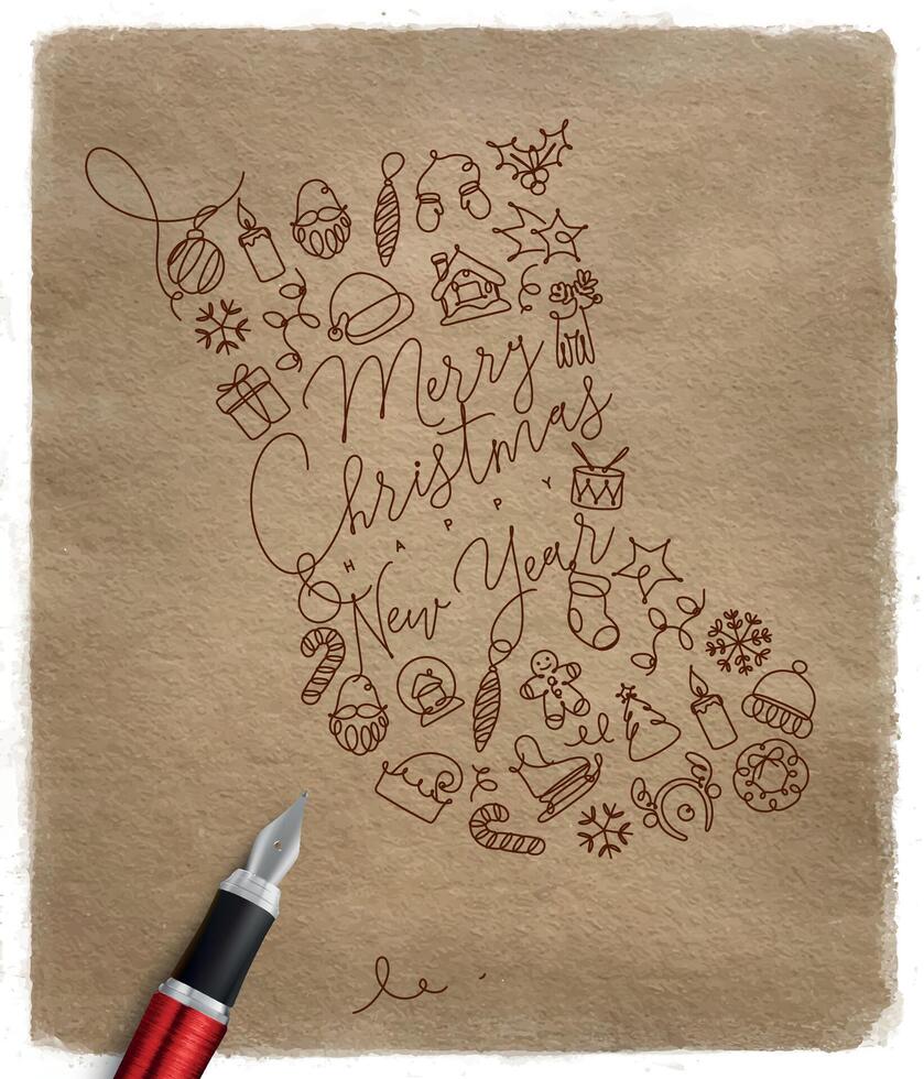 Toy socks lettering merry christmas and happy new year drawing with pen line on craft background vector