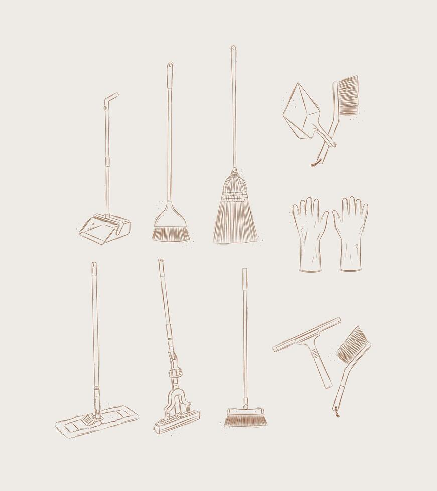 Floor cleaning tools accessories broom, dustpan, mop, gloves, scraper, brush drawing in graphic style on beige background vector