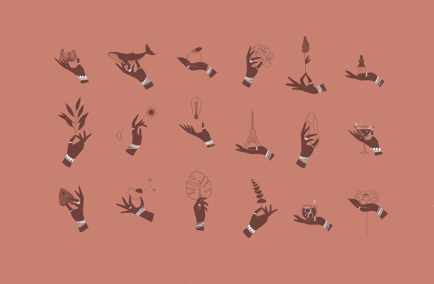 Hands labels with bracelets, rings holding decorative symbols in minimalist style drawing on coral background vector