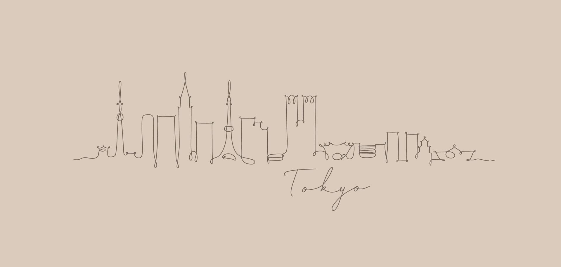City silhouette tokyo in pen line style drawing with brown lines on beige background vector