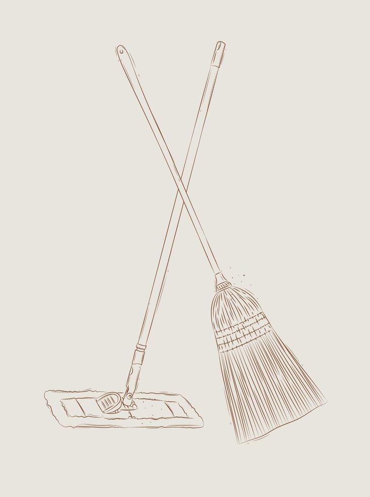 Broom and flat mop drawing in graphic style on beige background vector