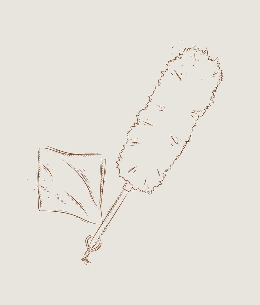 Dust remover tool and wipes drawing in graphic style on beige background vector